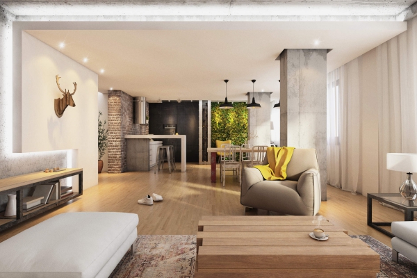 Modern hipster living room interior with wooden floor, armchair, open space with light, decoration, brick wall. Kitchen in the back, and green wall. Horizontal render. no people.